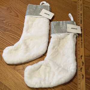 Jason Wu 22" Stunning Silver Cuff Beaded Faux Fur Christmas Stockings Set of 2
